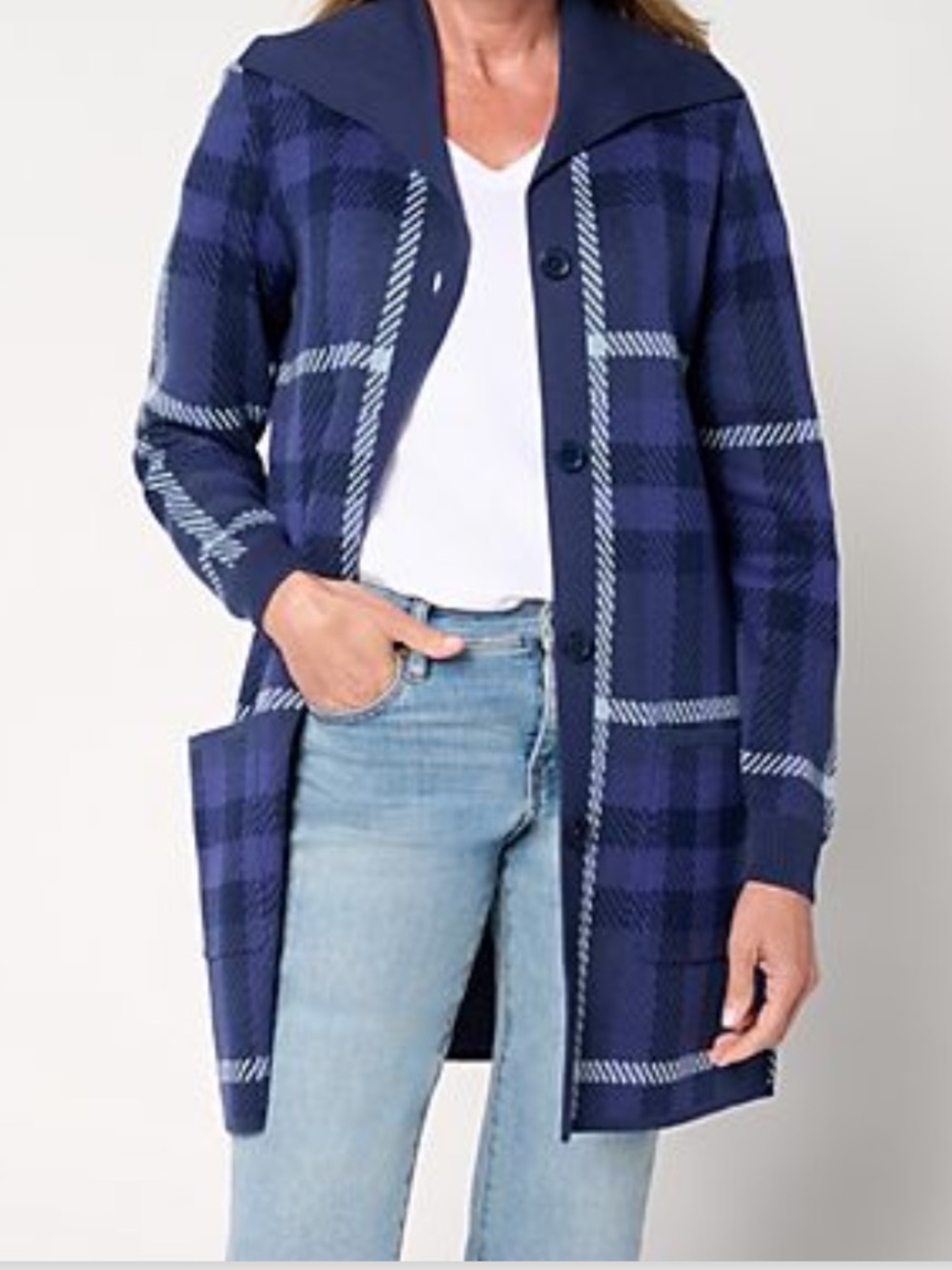 Denim & Co. Regular
Button Front Sweater
Tunic Cardigan Navy Plaid